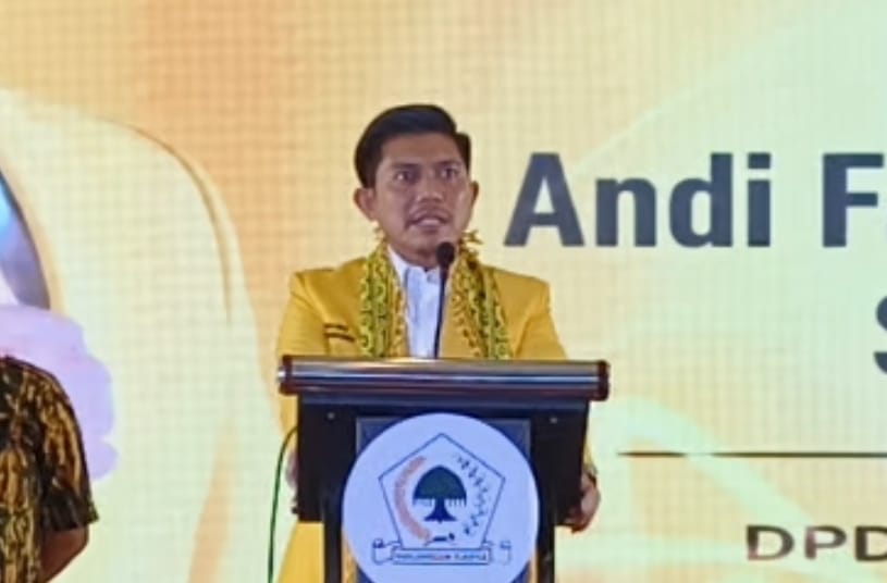 Andi Faizal Sofyan Hasdam menyampaikan pidato politik usai terpilih secara aklamasi sebagai Ketua DPD II Partai Golkar Kota Bontang periode 2025–2030 dalam Musyawarah Daerah (Musda) VIII, Sabtu (27/6/2026).